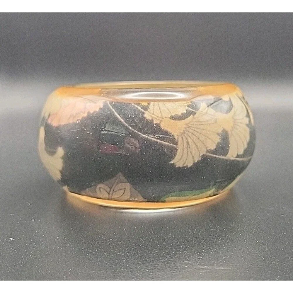 Vintage Chunky Bangle Bracelet Lot 3 Pink Tiger Lucite Carved Resin Wood Leaf
